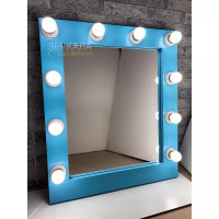Голубое гримерное зеркало с подсветкой лампочками 70х60
