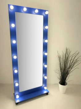 Синее гримерное зеркало с подсветкой на подставке 180х80